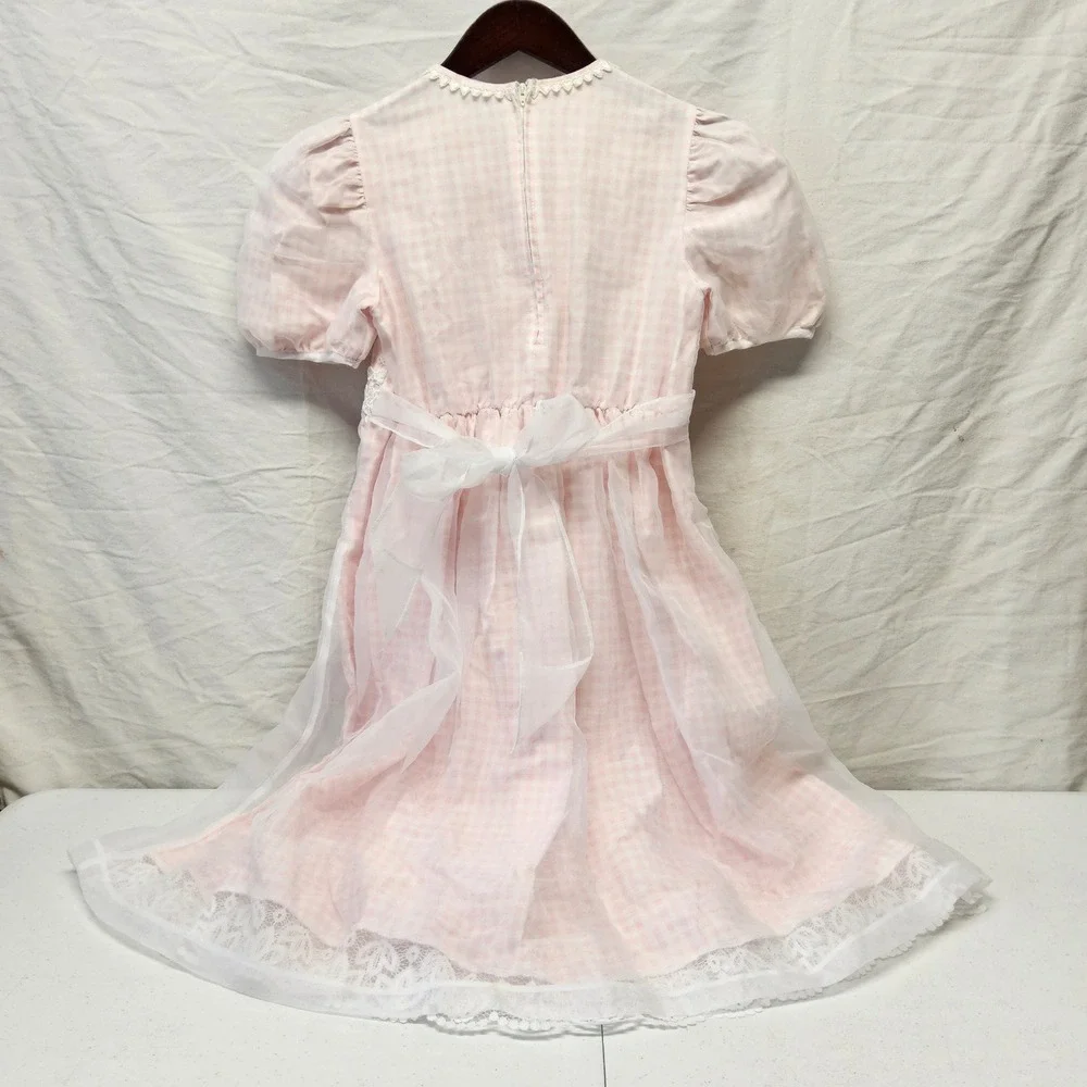Vintage Girls Size 12 Pink Gingham‎ Organza Dress Lace Floral Pearl Accents USA